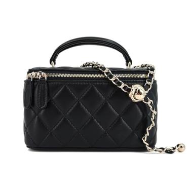 Imagem de M-ioi-M Pequena bolsa de couro genuíno acolchoada para mulheres, mini bolsa de ombro com alça superior com alça de corrente dourada, Preta (alça destacável), Small, Bolsa com alça superior