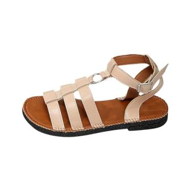 Imagem de Sandálias femininas de bico redondo romano casual praia primavera verão versátil EU 36-43 Reino Unido 3,5-7 EUA 5,5-9 comprimento do pé 23-26,7 cm, Bege, 38