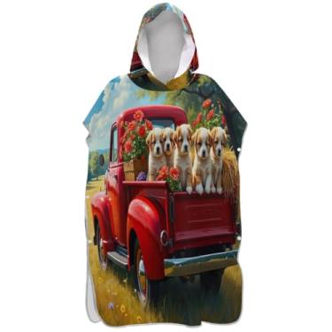 Imagem de Joisal Roupão de mudança de poncho de surfe para adultos toalha de banho com capuz de secagem rápida filhote de cachorro caminhão flores masculino poncho com capuz