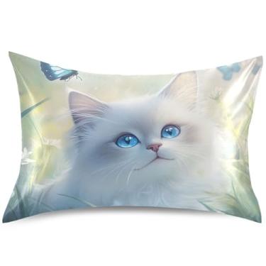 Imagem de Ragdoll Capa de almofada fofa de cetim com borboleta de gato para cabelo padrão King Queen, capa de travesseiro fofa refrescante, tamanho padrão, 66 cm x 50 cm