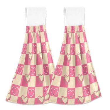 Imagem de Toalhas de cozinha com laço para pendurar bonito tabuleiro de xadrez rosa creme conjunto de 2, toalha de mão de cozinha fofa ultra absorvente, 46 x 35 centímetros