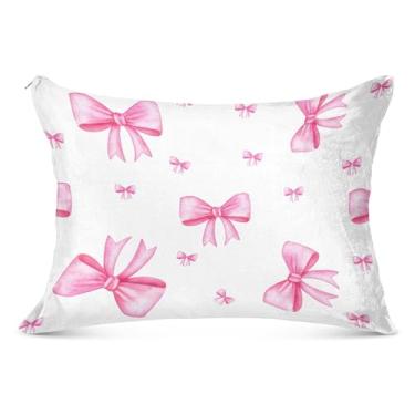 Imagem de Lindas fronhas de flanela com laço rosa decorativas Queen King Size fronhas fofas para cama de sofá de casa, tamanho Queen, 50,8 cm x 76,2 cm