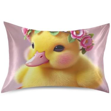 Imagem de Capa de almofada floral fofa com estampa de pato de cetim capa de travesseiro de resfriamento King Queen padrão para pele com acne, tamanho Queen, 76 cm x 50 cm