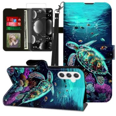 Imagem de BREIDMKFM Capa para celular Samsung Galaxy A17 5G com protetor de tela e suporte, suporte para cartão e alça de pulso, carteira flip de couro, capa magnética robusta e resistente, verde tartaruga