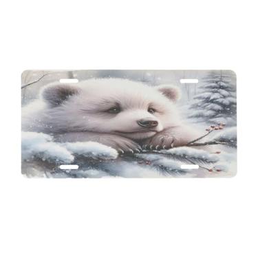 Imagem de Placa de licença de animais de urso de inverno para a frente do carro placas de carro alumínio metal adequado para caminhão placa de porta de carro bar café acessórios automotivos para homens mulheres