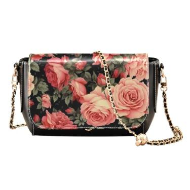 Imagem de Bolsa de ombro transversal de couro preto com flor em preto, bolsa tiracolo ajustável, bolsa de ombro média para mulheres, Old Fashion Roses-3, One Size