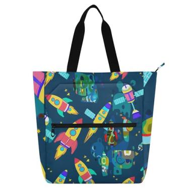 Imagem de Sacola infantil colorida de desenho animado azul foguete com zíper para presente para amantes de livros de viagens escolares