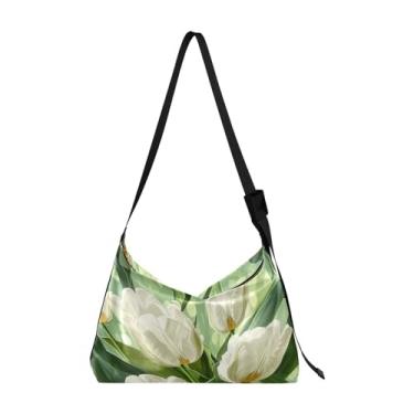 Imagem de Bolsa tiracolo grande nebulosa colorida, bolsa transversal de alça larga, bolsa Hobo transversal de couro para mulheres, Tulipas em verde com folhas-1, One Size