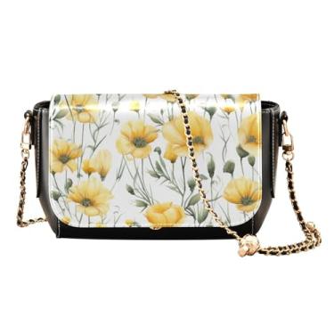 Imagem de Bolsa feminina de couro floral com flores em aquarela com bagas, bolsa de ombro média, bolsa transversal feminina de couro, Flores amarelas - 4, One Size