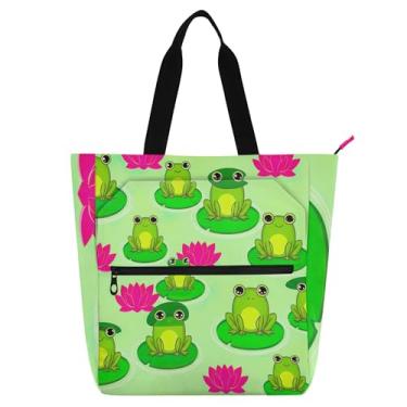 Imagem de Sacola de trabalho verde de sapos de desenho fofo para mulheres bolsa de lona para livros de praia com zíper para professores, presente para amantes de livros