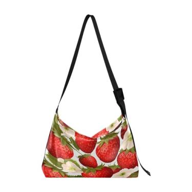 Imagem de GAIGEO Bolsa de ombro ajustável rosa vermelha com folhas, bolsa tiracolo vegana, bolsa feminina de couro, Branco de morango vermelho com folhas-3, One Size