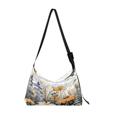 Imagem de Bolsa tiracolo de couro com pintura abstrata dourada e preta branca, bolsas Hobo grandes para mulheres, Flores silvestres com borboletas - 4, One Size
