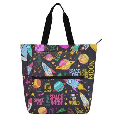 Imagem de GAIGEO Sacola infantil colorida com desenho animado Rockets Planet com zíper para escola, trabalho, viagem, bolsa de lona reutilizável