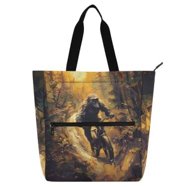 Imagem de GAIGEO Gorilla Riding Bike Bolsas de trabalho divertidas para mulheres, bolsa escolar de lona com zíper, linda bolsa infantil com compartimentos