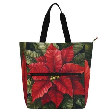 Imagem de GAIGEO Sacola de poinsétia de Natal para mulheres, bolsas de tecido de lona, faculdade, escola, crianças, presente fofo para amantes de livros