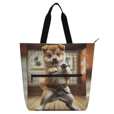 Imagem de GAIGEO Bolsa de trabalho feminina divertida com pose de karatê para cães, bolsa de lona, praia, livros, zíper, professores, amantes de livros