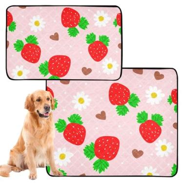 Imagem de Almofada reutilizável fofa de morangos vermelhos rosa para gatos para animais de estimação para cães, tapete impermeável para caixa de cachorro à prova de vazamento para cães, médio + grande, conjunto