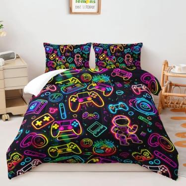 Imagem de AILONEN Jogo de cama casal, conjunto de cama moderno neon gamer para crianças, adolescentes, meninos, 3 peças, edredom com controle de graffiti de videogame + 2 fronhas