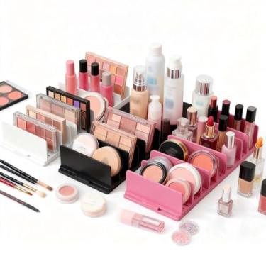 Imagem de Oufiin Organizador de maquiagem ajustável com divisórias móveis, estojo de acrílico para armazenamento de cosméticos para paletas de sombra, batons, organização de mesa ou gaveta (preto)