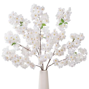 Imagem de YOUNGLEAVES 3 peças de decoração artificial de flor de cerejeira, ramos de flor de cerejeira falsa, hastes longas, flores de seda para vasos altos, decoração de mesa de casamento, decoração de mesa de