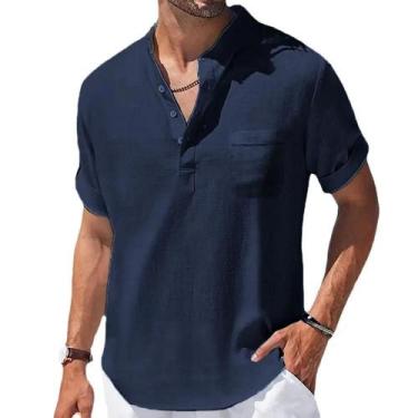 Imagem de Camisa Masculina Casual De Verão Com Gola Henley Em Algodão E Linho, R