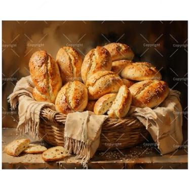 Imagem de Kit de pintura de alimentos natureza morta por números para adultos - Cesta DIY de pãezinhos frescos pintura em tela 40,6 x 50 cm, conjunto de tinta acrílica para iniciantes, arte para decoração de