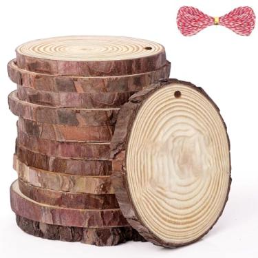 Imagem de Pacote com 12 fatias de madeira natural inacabadas com casca - furos pré-perfurados e barbante de 10 m para artesanato DIY, centros de mesa de casamento, decoração de parede, porta-copos (tamanho
