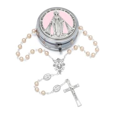 Imagem de KOMI Rosário de pérola de vidro de 6 mm católico para mulheres com caixa de rosário de metal virgem maria rosários maria colar presentes religiosos rosa