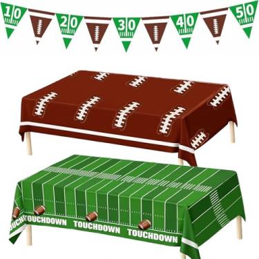 Imagem de YANMIN Toalha de mesa descartável para decoração de festa de futebol, toalha de mesa de plástico, verde marrom, faixa para decoração de jogos de festa de aniversário com tema de futebol 137 x 272 cm