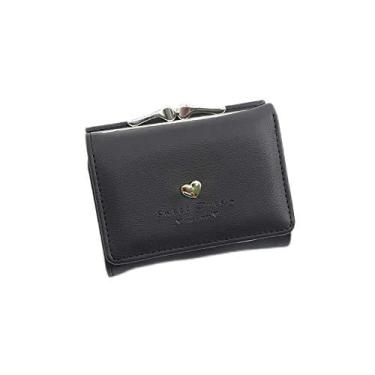 Imagem de Carteira feminina de couro genuíno com dobra dupla/tripla - Suporte minimalista para cartão de crédito com bloqueio de RFID e bolso para moedas, Preto, Casual