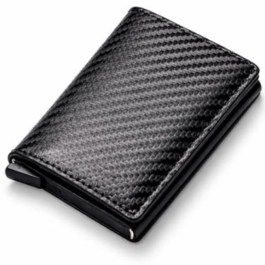 Imagem de Carteira Antifurto Slim Pop-Up em Couro Carbono – Porta Cartões RFID, Compacta, Elegante e Resistente