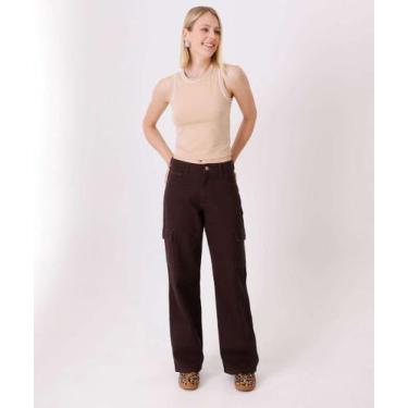 Imagem de Calça Wide Leg Feminina Sarja Cargo Marisa-11153, 40, Marrom