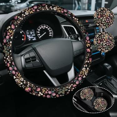 Imagem de Capa de volante floral colorida, capa de volante de neoprene antiderrapante, acessório de carro de flor fofa para mulheres femininas, ajuste universal de 38 cm, SUVS, inclui 2 porta-copos de cerâmica
