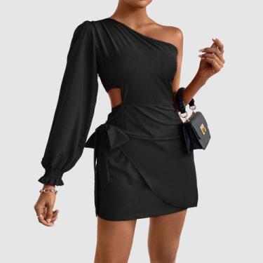 Imagem de Vestido Feminino Curto Soltinho Uma Manga Longa De Amarrar - Swisz, Pr