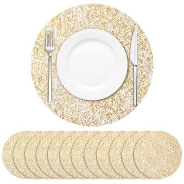 Imagem de Soleebee Pacote com 24 jogos americanos descartáveis, tapetes de mesa redondos finos com textura dourada de 33 cm, carregador, jogo americano para casamento, festa de aniversário, mesa de jantar