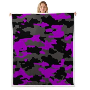 Imagem de Cobertor de lã colorido de design moderno, cobertor de camuflagem roxa para sofá adulto, cobertor macio de arte de camuflagem para sofá, cama queen (224 x 224 cm)