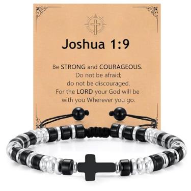 Imagem de Pulseiras masculinas com contas de cruz cristã – Pulseira masculina de ágata preta natural ajustável para confirmação de batismo e páscoa, presente legal de aniversário, dia dos namorados, pais