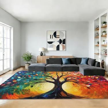 Imagem de Tapetes laváveis Tree of Life, 12 x 18 cm, tapete colorido com folhas abstratas para sala de estar e quarto, tapete grande antiderrapante para cozinha, entrada, banheiro, escritório