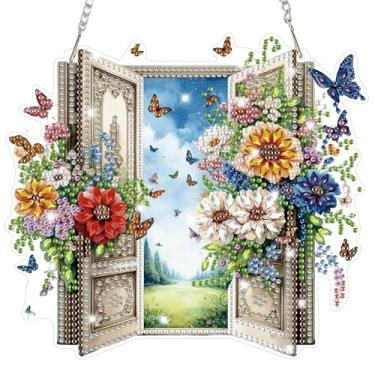 Imagem de Bowetile Kits de pendurar arte de diamante de cena de jardim para adultos, arte de diamante, porta de flores encantadas, formato especial, pintura de diamante 5D, pingente de enfeite de janela
