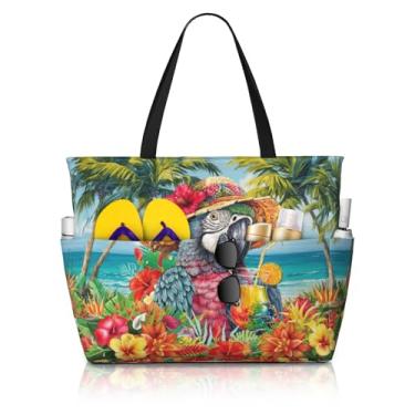 Imagem de Bolsas de praia femininas com estampa fofa, à prova d'água, à prova de areia, bolsa feminina com zíper, bolsas coloridas de piscina para academia e viagens, Papagaio, One Size, Papagaio