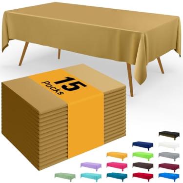 Imagem de Smiry Toalha de mesa descartável – pacote com 15, toalhas de mesa retangulares impermeáveis de 137 x 272 cm para festas, capa de mesa de plástico decorativa, à prova de vazamento e resistente, dourada