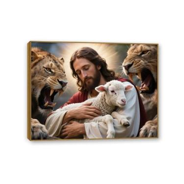 Imagem de Pôster em tela Jesus Leão e Cordeiro Imagem Judas Impressões Inspiradoras Jesus e Leão Pintura para Escritório da Igreja em Casa 80 x 60 cm (32 x 24 polegadas) Moldura dourada