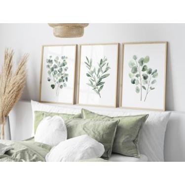 Imagem de Pôster em aquarela minimalista de eucalipto e sálvia com 3 peças de ervas, impressões botânicas, arte de parede, arte em tela, arte para sala de estar, quarto, decoração com moldura interna