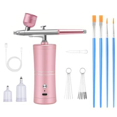 Imagem de ZPSHYD Kit de aerógrafo kit de escova de ar portátil com compressor de aerógrafo amuletos de unhas recarregável sem fio para barbeiro, arte de unhas, tatuagem, maquiagem, pintura de modelo (rosa)