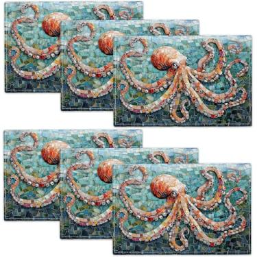 Imagem de Jogo americano de polvo, conjunto de 6 tapetes rústicos de polvo com tema oceano, impressão frente e verso, tapetes para cozinha, sala de jantar, restaurantes, decoração, imitação de linho, 30 x 45 cm