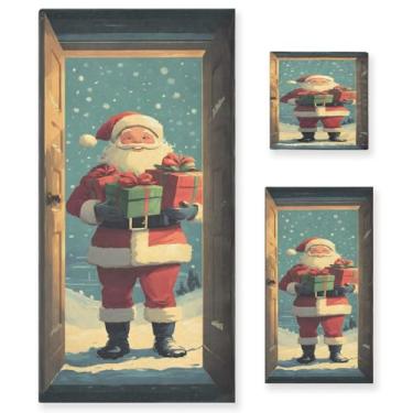 Imagem de STAYTOP Lindo Papai Noel segurando uma caixa de presente conjunto de toalhas 3 peças, toalhas de toque macio altamente absorvente de secagem rápida, 1 toalha de banho, 1 toalha de rosto, 1 toalha de