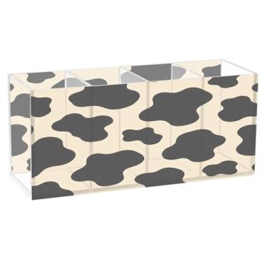 Imagem de CEBUGI Porta-lápis de acrílico transparente com 4 compartimentos, organizador de pincéis de maquiagem com estampa de vaca para armazenamento em mesa de escritório em casa
