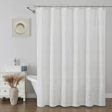 Imagem de Muuyi Cortina de chuveiro branca para banheiro Boho Farmhouse Cortina de banho de poliéster impermeável com textura neutra cortinas de chuveiro modernas 182 cm L x 182 cm C conjunto de cortina de
