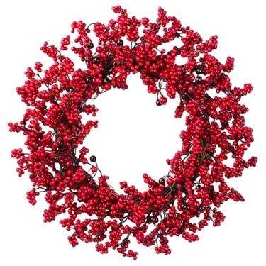 Imagem de POCREATION Guirlanda Artificial de Frutas Vermelhas, 17,72 Polegadas, Decoração de Porta de Natal Com Azevinho Realista e Frutas para Decorações de Festas Em Ambientes Internos e Externos (Vermelho