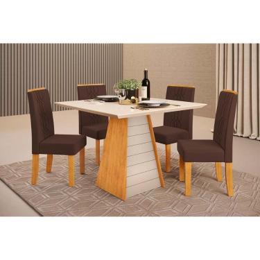 Imagem de Conjunto: Mesa de Cozinha Fler c/ Tampo Madeirado c/ Vidro 90x90cm e 4 Cadeiras Zoe Cedro/Off White - Suede Moca - DJ Móveis